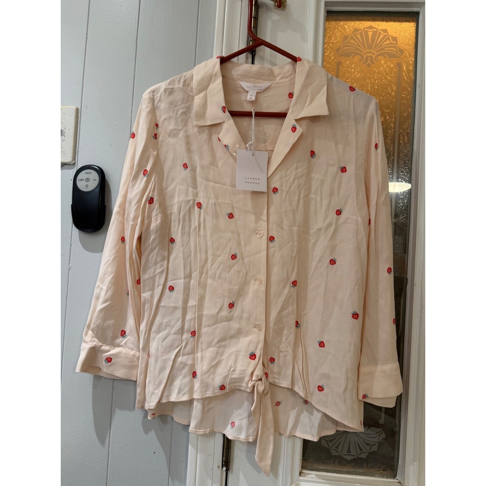 LC Lauren Conrad Strawberry Embroidered Tie Front Blouse Peach Cream Medium NWT
